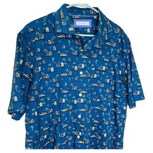 Alex Cannon Men’s Blue Button Up Shirt Surfboard Retro Hawaiian Print